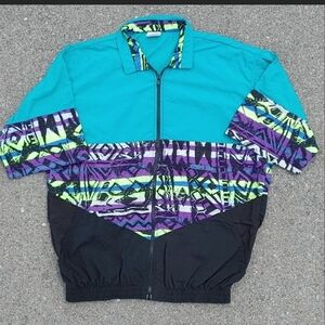 Vtg 90s Sun Blocks Aztec Neon Colorblock Windbreaker USA Made M